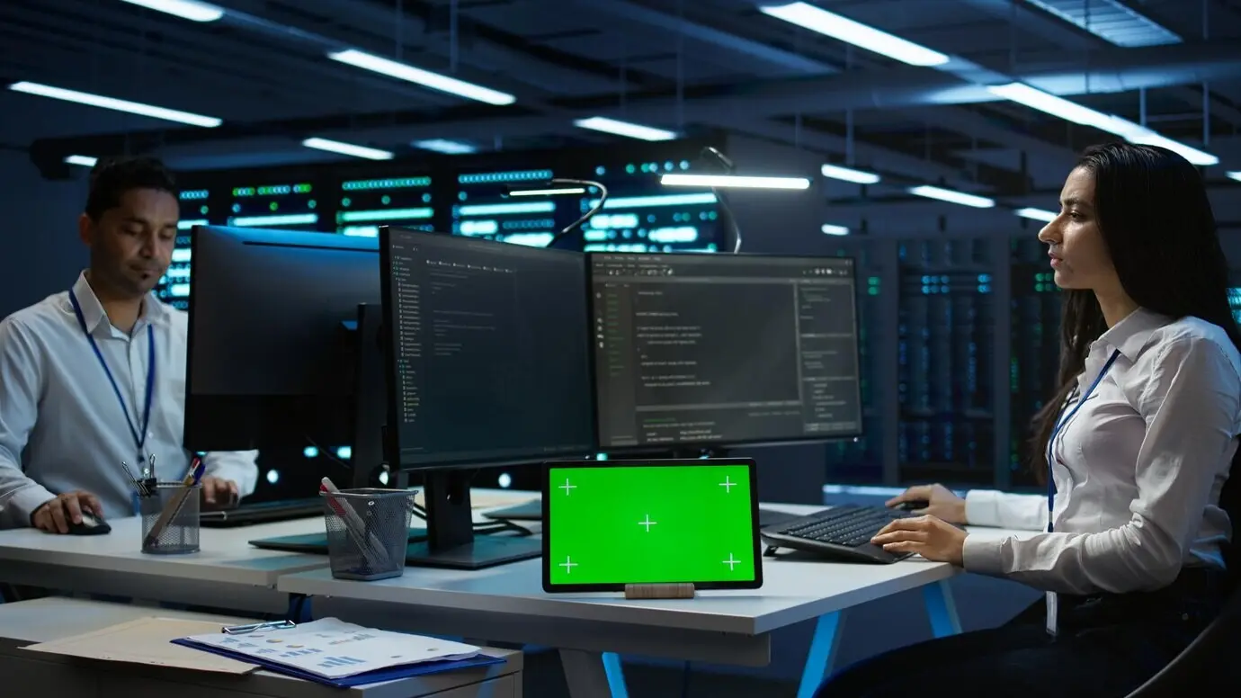 Женщина выполняет техническое обслуживание инфраструктуры серверной, используя планшет с хромакеем.